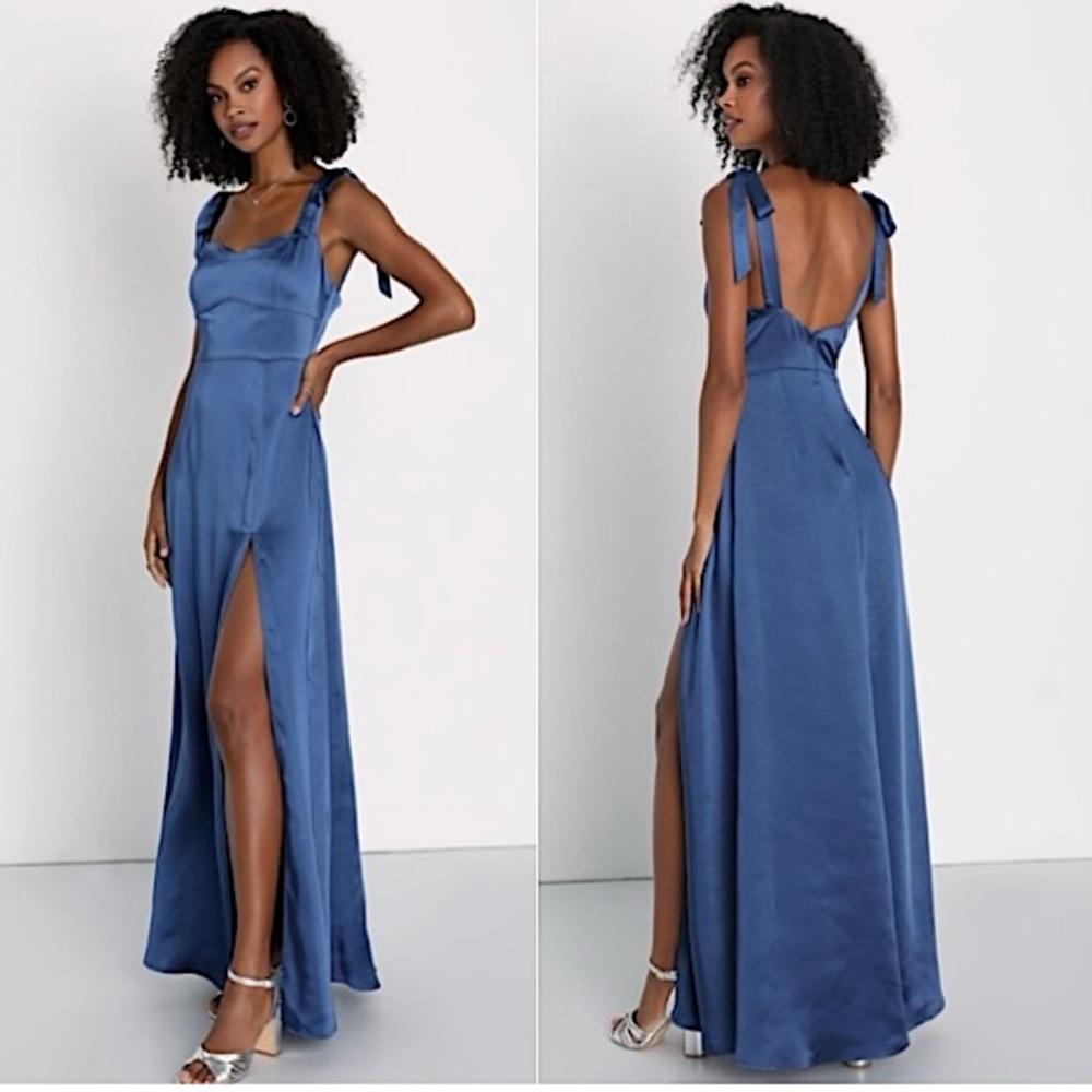 Lulus Effortless Sophistication Navy Blue Satin Tie-Strap Long Maxi Dress,Size S - Picture 2 of 16